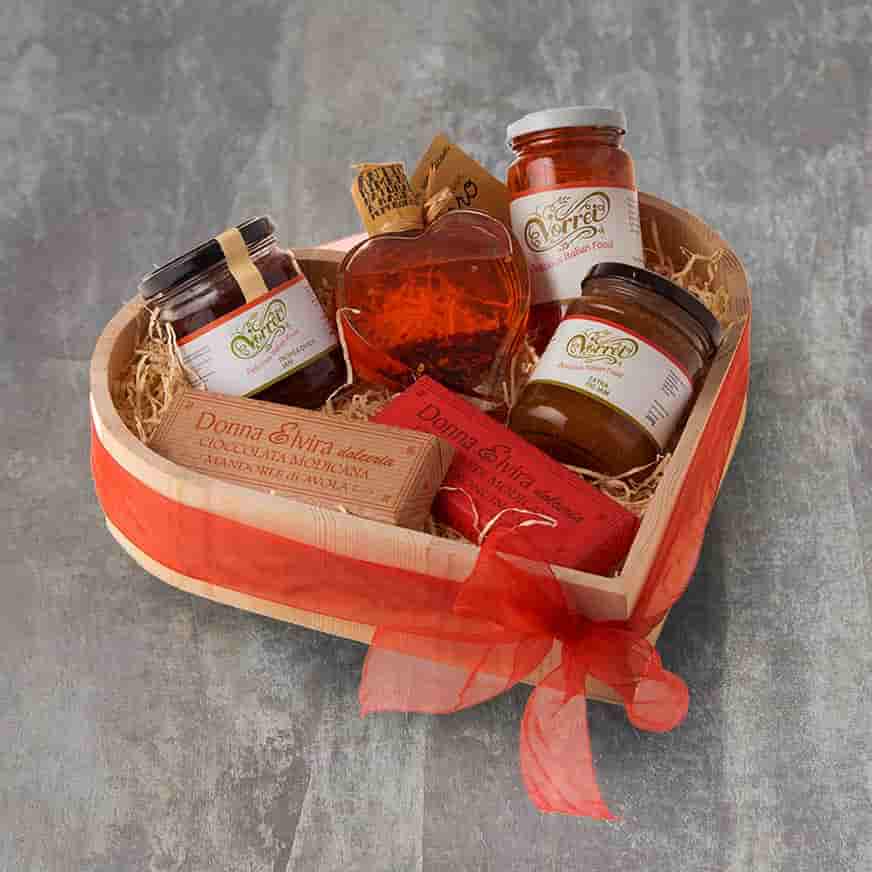 Italian Aphrodisiac Food Hamper in wooden heart shaped tray