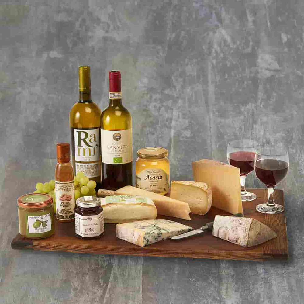 italian cheese and wine hamper with two bottles of wine, 5 cheeses and accompaniments.