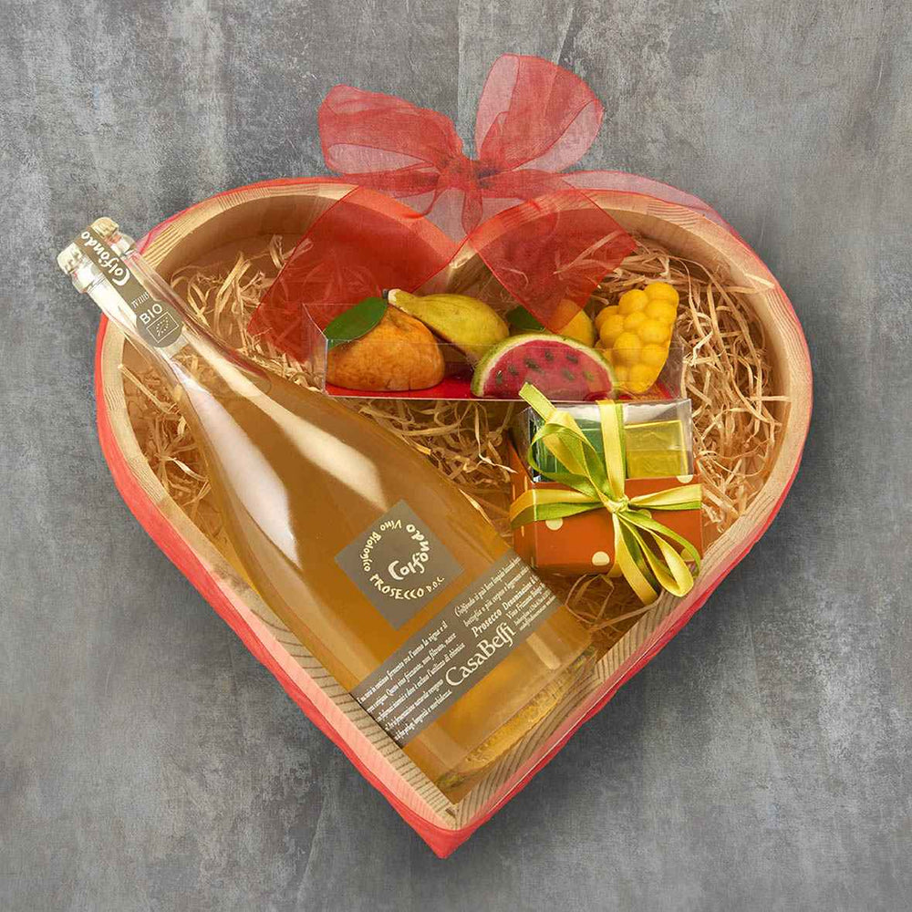 Italian Wooden heart shaped box pamper Hamper with Prosecco and sweet treats