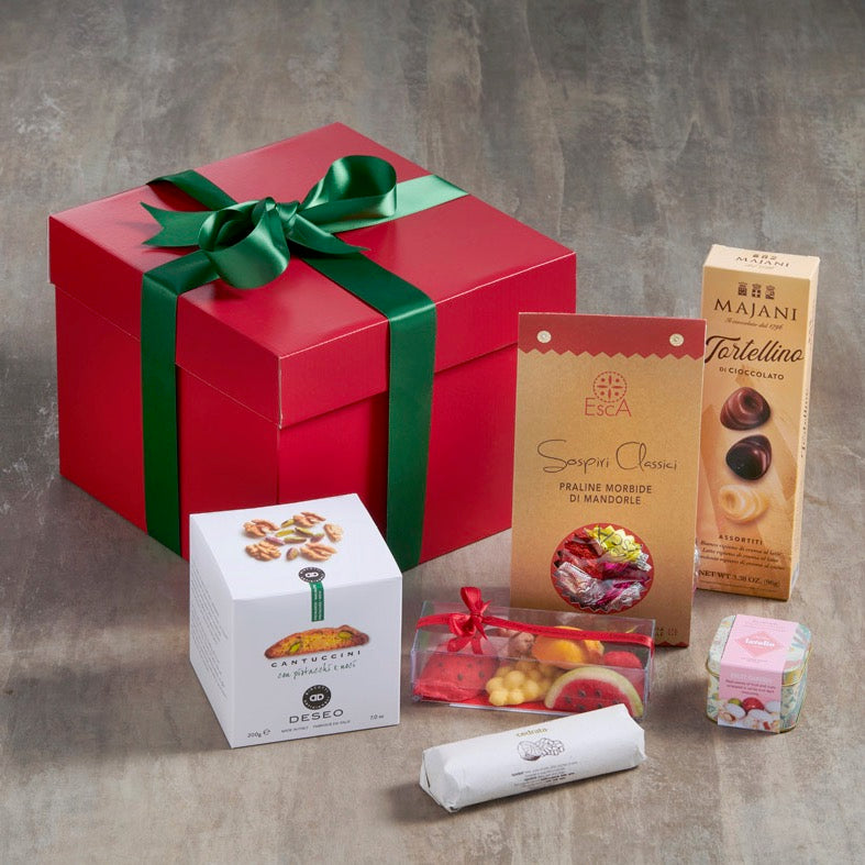 Italian sweet treats gift box with cantucci biscuits, marzipan fruits, chocolates and more