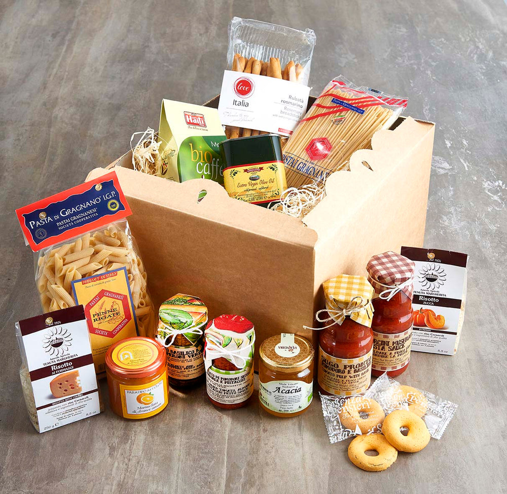 Italian Food hamper for students with pasta, sauces, olive oil, biscuits, honey, risotto and more.