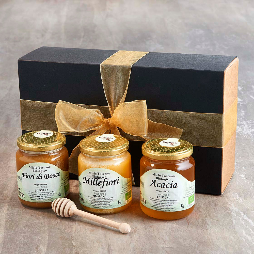 Organic Tuscan Honey Selection with Wooden Drizzler