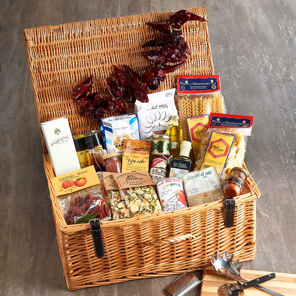 The Italian Chef wicker Hamper packed full of essential Italian ingredients